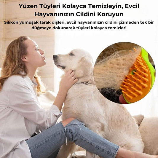 PatiKöşk™ 3'ü 1 Arada Buharlı Evcil Hayvan Bakım Fırçası (Tüy Alma, Temizleme ve Masaj Fonksiyonu)