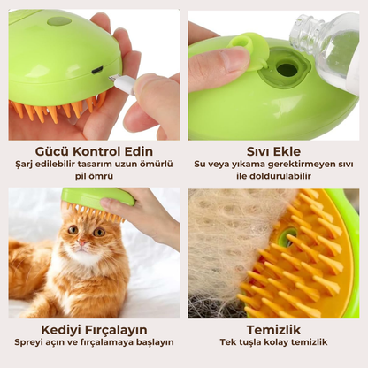 PatiKöşk™ 3'ü 1 Arada Buharlı Evcil Hayvan Bakım Fırçası (Tüy Alma, Temizleme ve Masaj Fonksiyonu) (Ürün Kodu: PK 36)