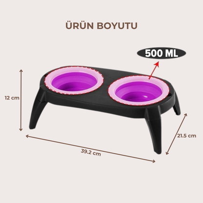PatiKöşk™ İki Bölmeli Katlanabilir Evcil Hayvan Mama Kabı ve Standı (Ürün Kodu: PK 13)
