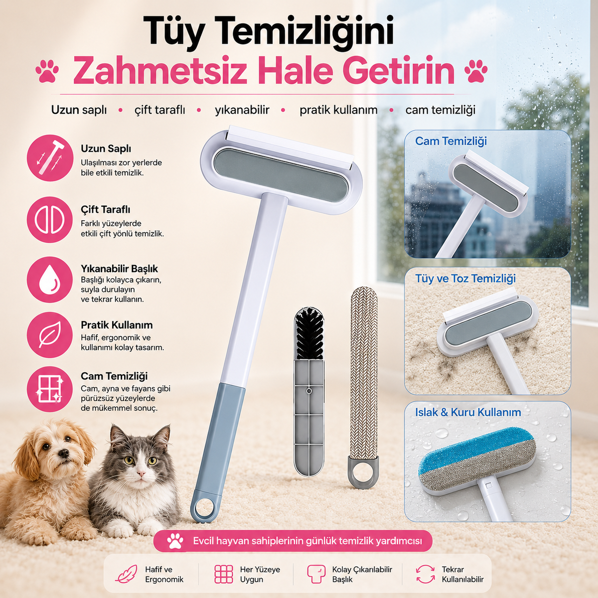 PatiKöşk™ Uzun Saplı Evcil Hayvan Tüy Temizleme Fırçası (Ürün Kodu: PK 39)